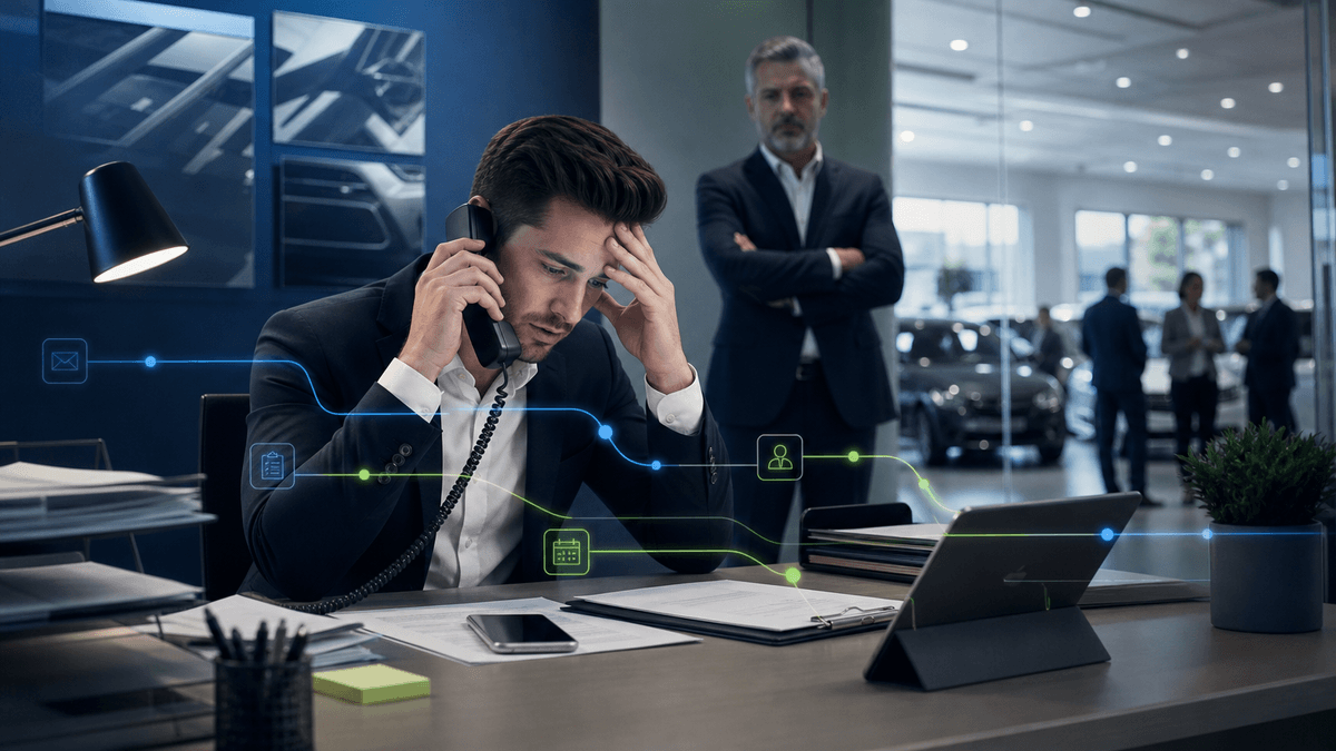 Salesperson working through a busy CRM task list while unanswered calls stack up during a dealership workday