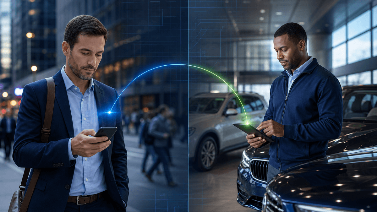 Car shopper replying by phone while at work as a dealership employee prepares answers about price and availability