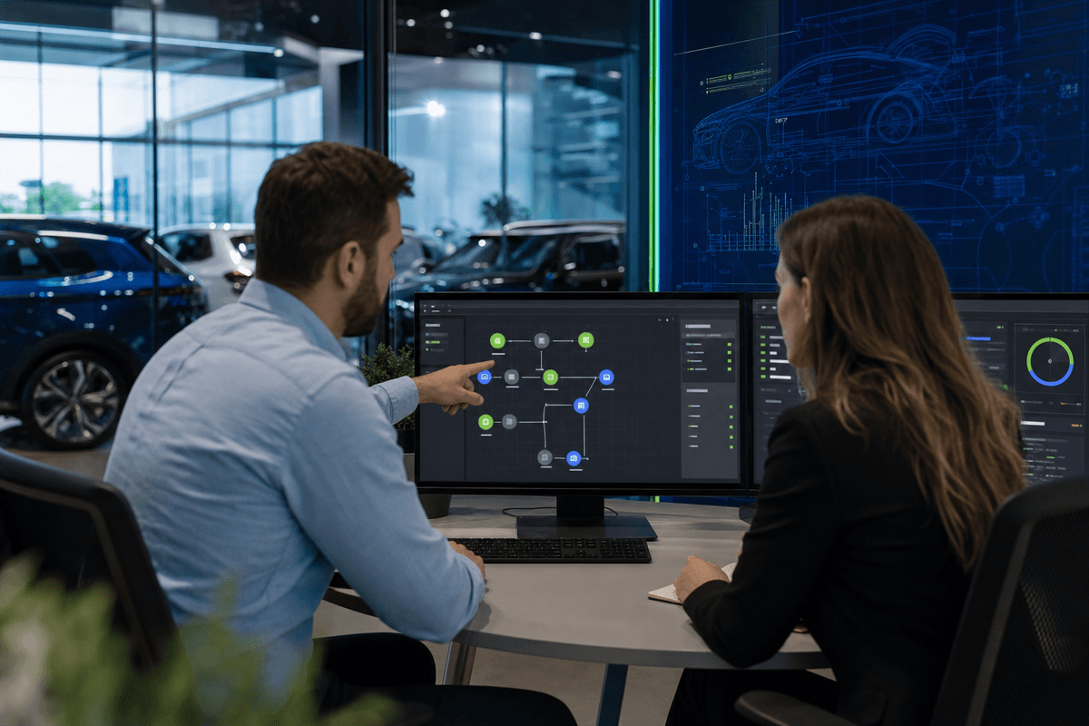 Internet sales manager and CRM admin reviewing dealership lead intake context on a modern workstation in a showroom office