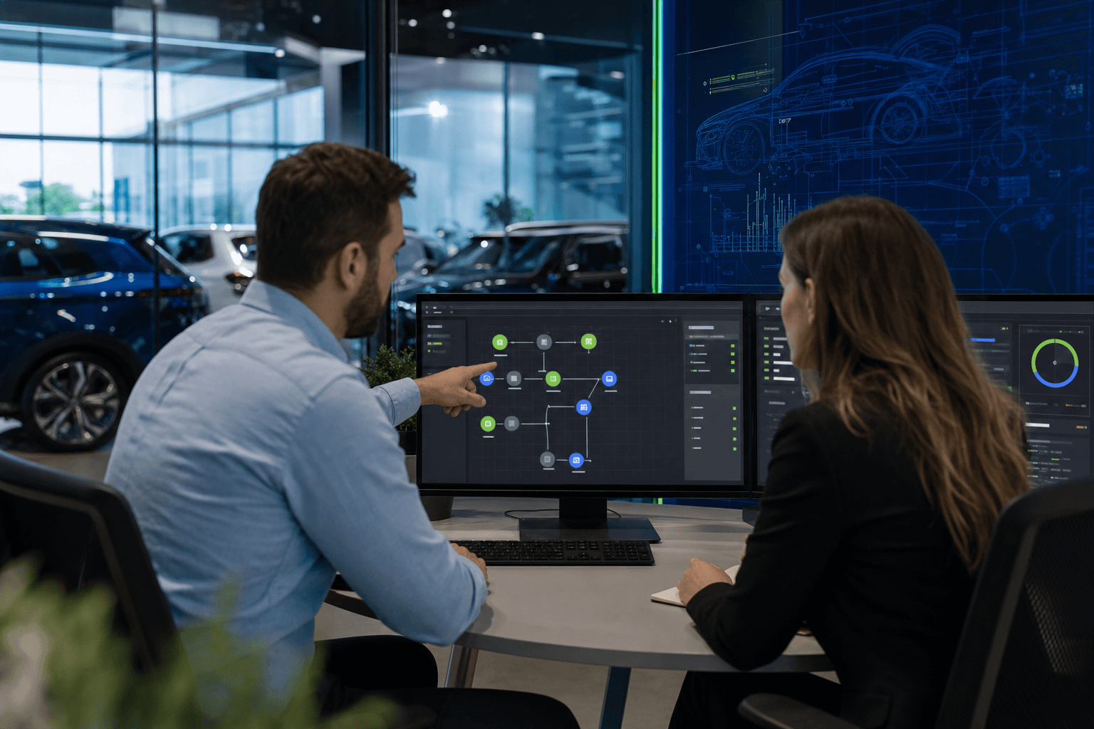 Internet sales manager and CRM admin reviewing dealership lead intake context on a modern workstation in a showroom office