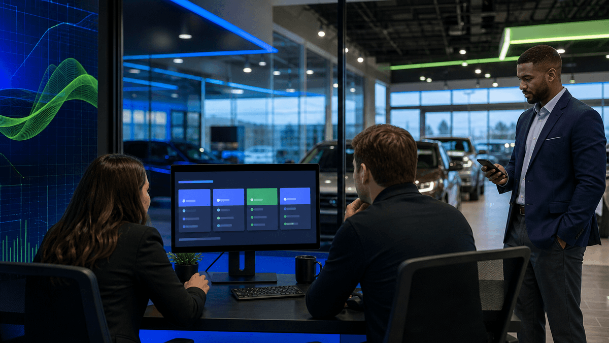 CRM admin reviewing lead source mappings with a sales manager in a dealership office