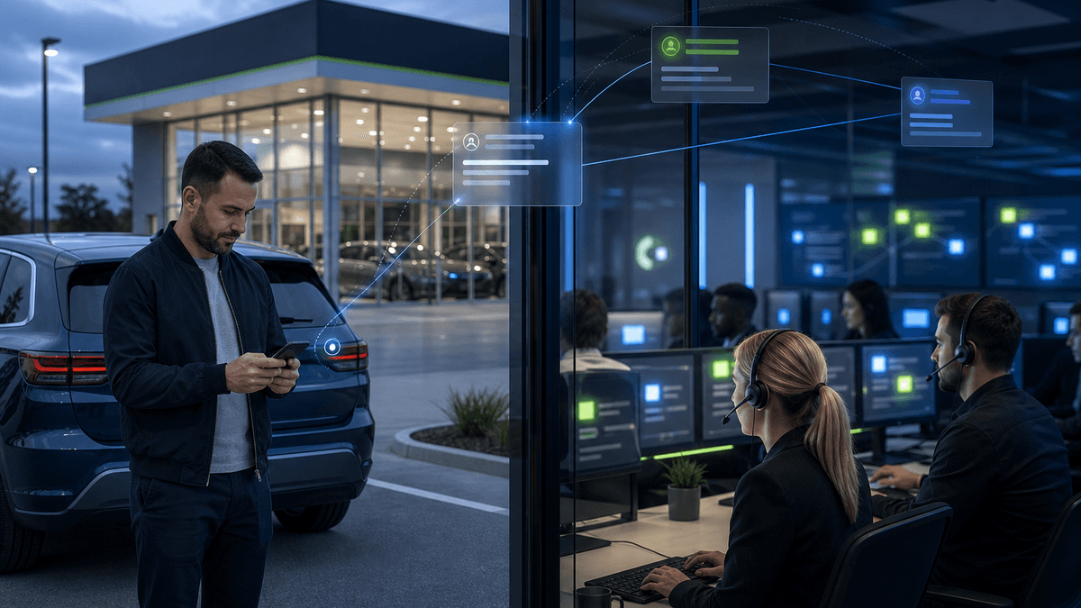 Website shopper using a phone while a dealership team monitors incoming lead context