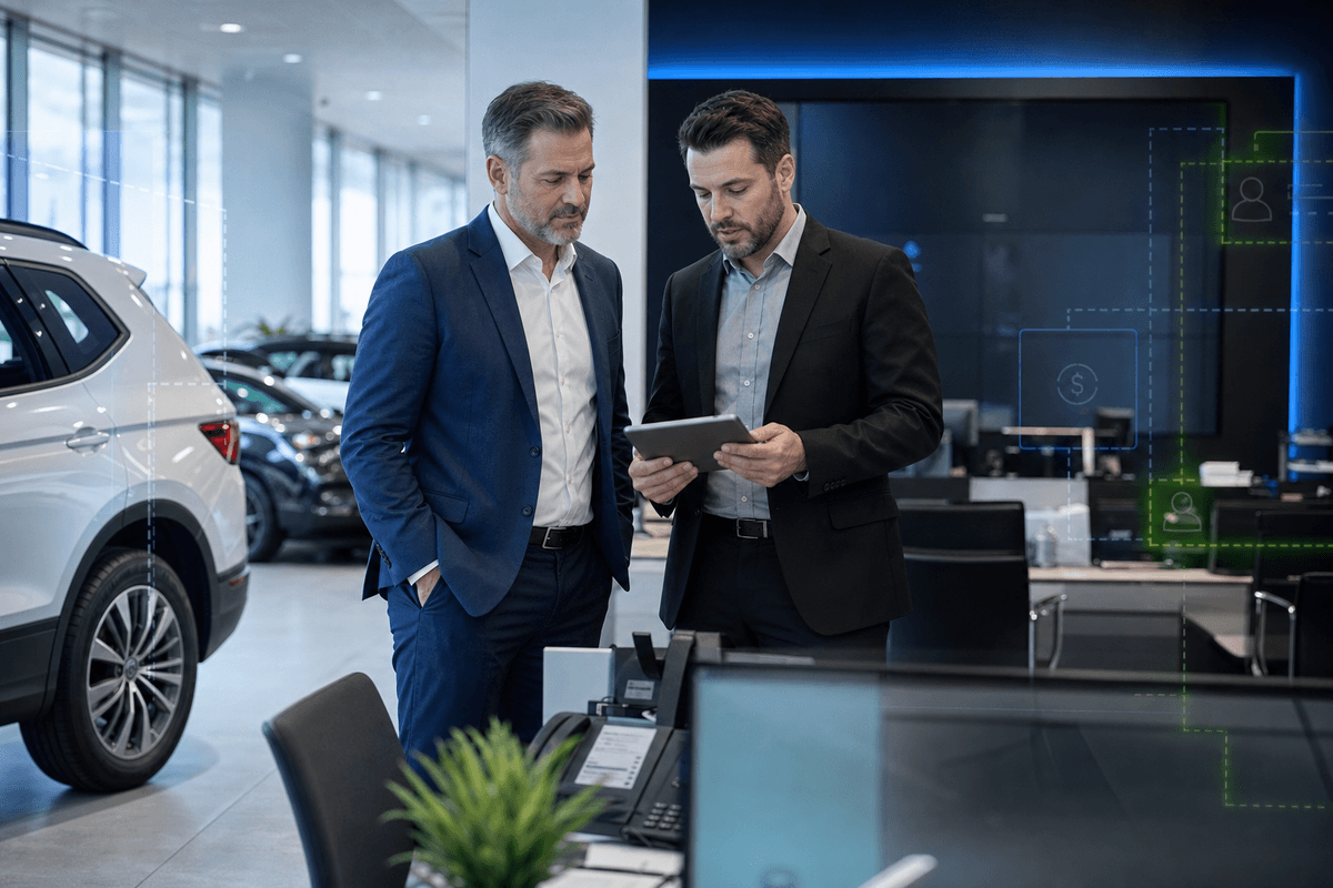 Dealership manager comparing customer communication workflows across phones, CRM notes, and AI-assisted response handling in a modern showroom office.