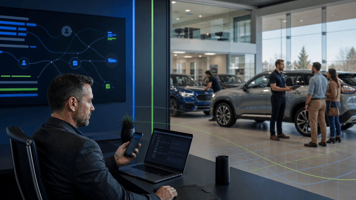 Sales manager reviewing inbound customer replies while salespeople work with shoppers in the showroom.