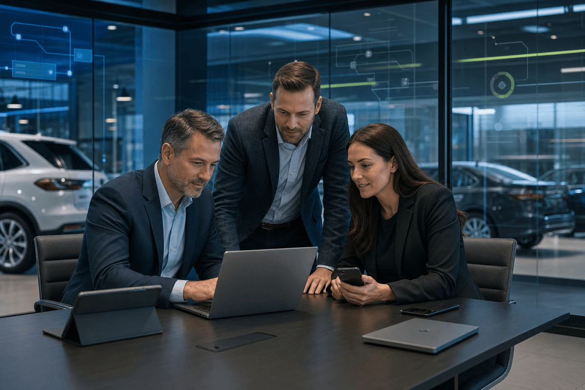 Dealership managers reviewing customer conversation workflows in a modern showroom office