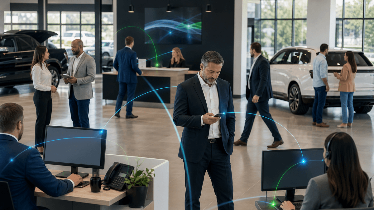 Dealership staff handling customer conversations across phones, desks, and showroom activity