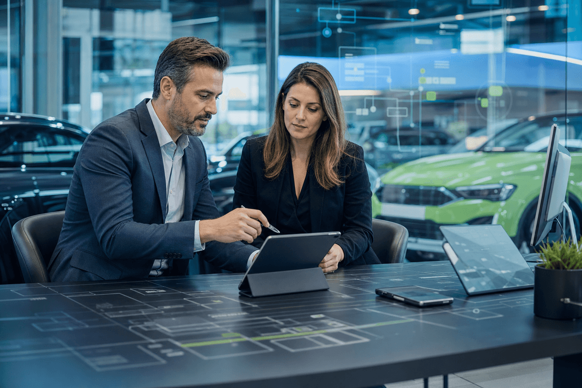 Sales manager and BDC director reviewing dealership appointment workflow around a showroom desk