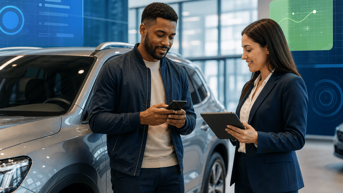 Customer using a phone beside a vehicle while a salesperson prepares appointment options
