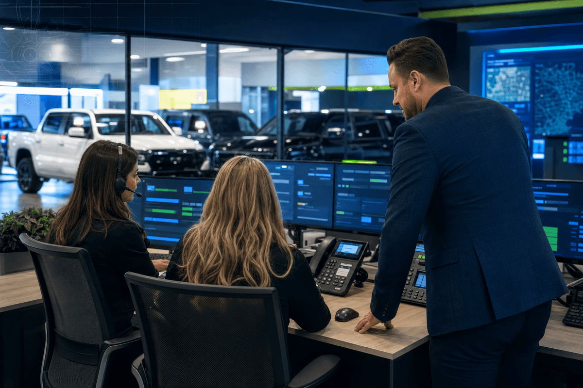 Dealership BDC manager and sales team reviewing a returning customer conversation in a modern showroom office