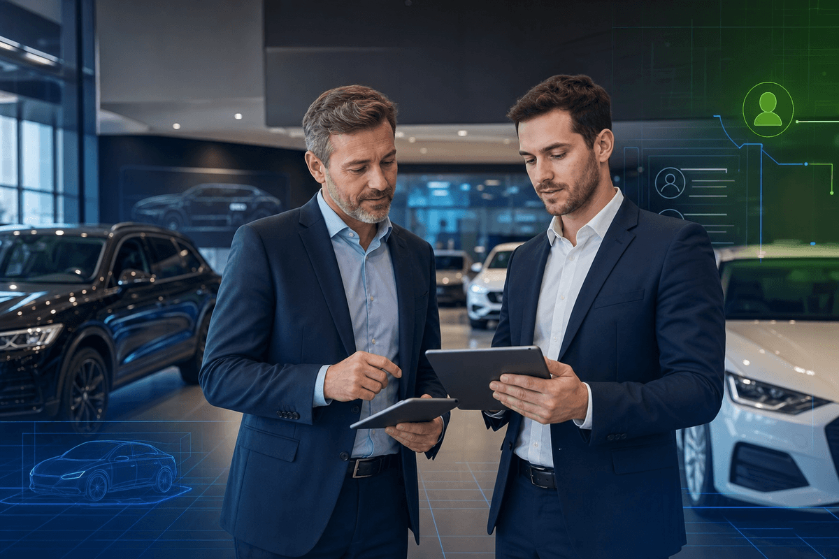 Sales manager reviewing dealership lead follow-up activity with a salesperson in a modern showroom near parked vehicles