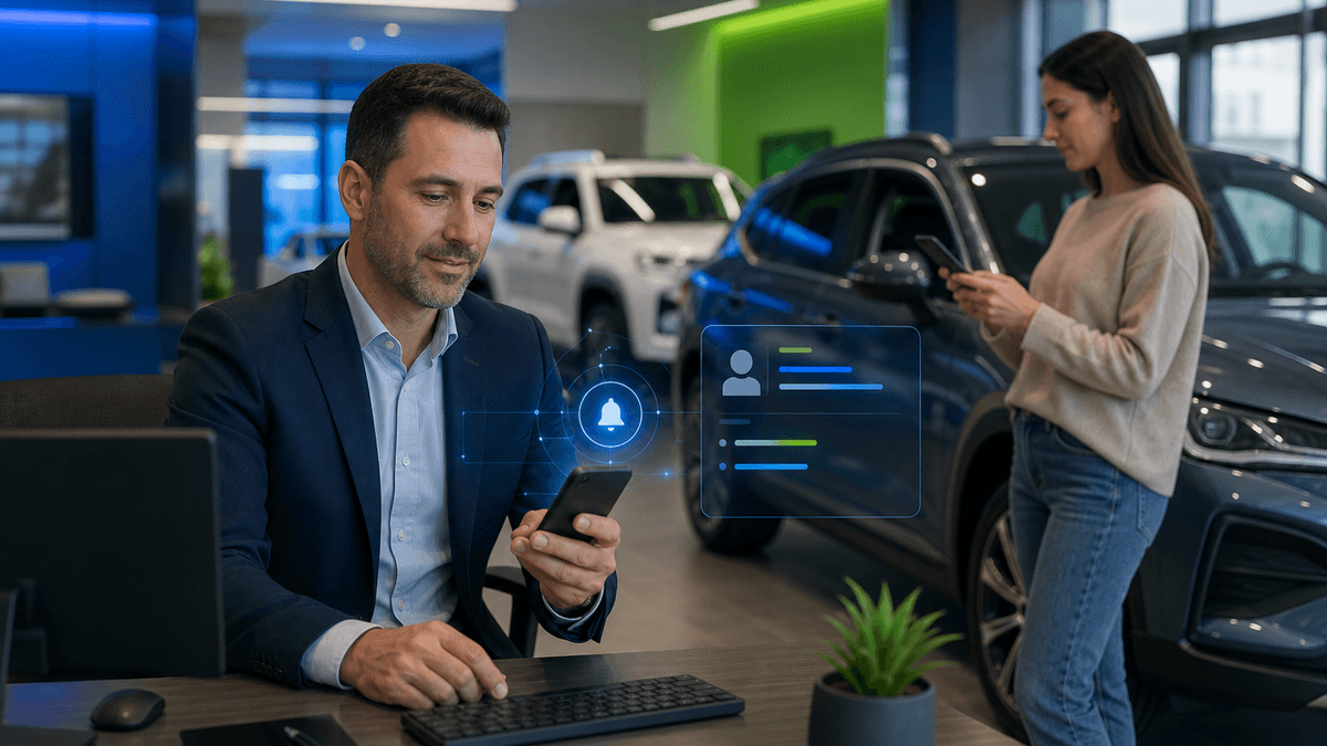 Salesperson receiving a new Meta lead notification while a customer browses vehicles on a phone