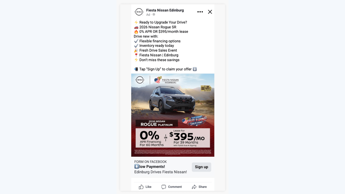 Facebook and Instagram static lead ad example for a dealership vehicle offer