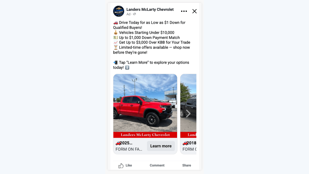 Facebook and Instagram dynamic inventory ad example for dealership vehicle shoppers