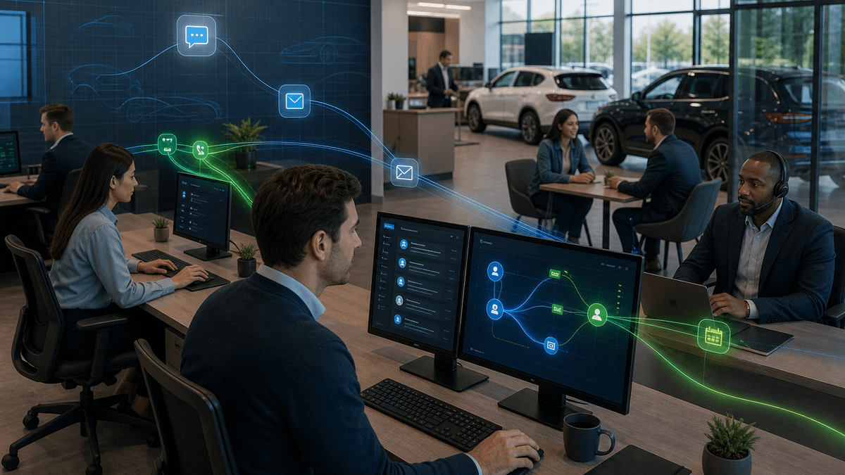AI follow-up operating layer routing engaged dealership shoppers to a salesperson