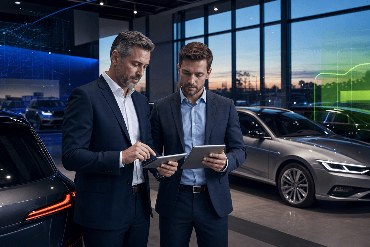 Dealership sales manager reviewing social lead conversations with a salesperson in a modern showroom