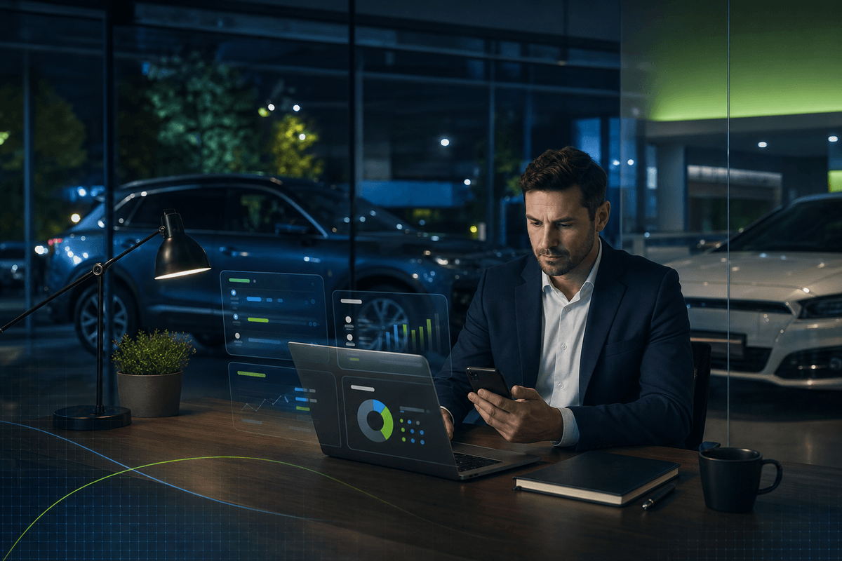 After-hours dealership manager reviewing customer replies in a quiet showroom with phone and CRM-style surfaces