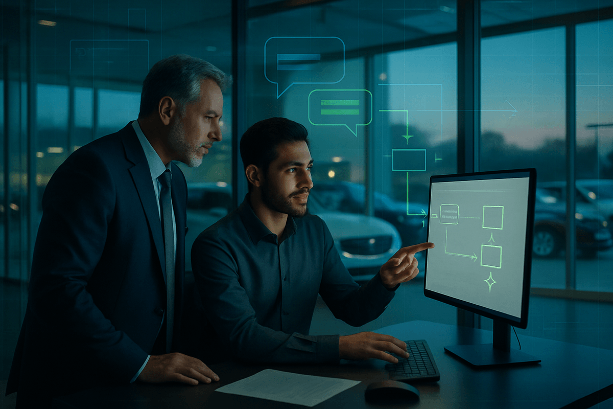 A dealership manager and salesperson reviewing customer conversations on a modern office screen with blue-green accent lighting