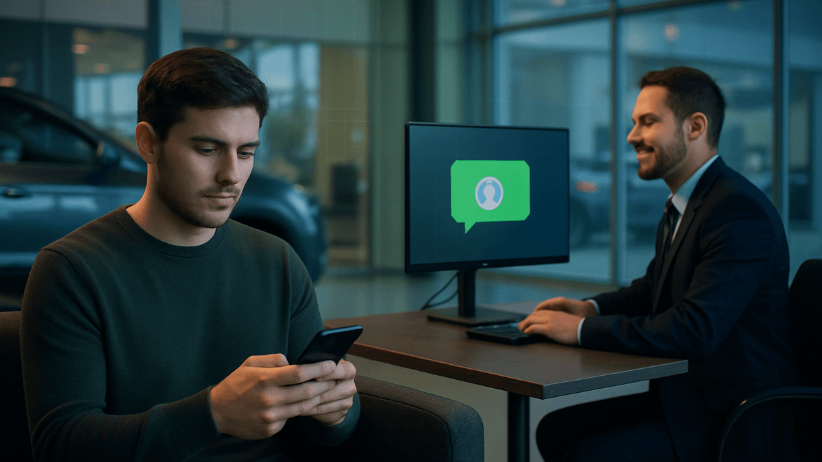 Customer replying to a dealership text on a phone while a response is routed to a human