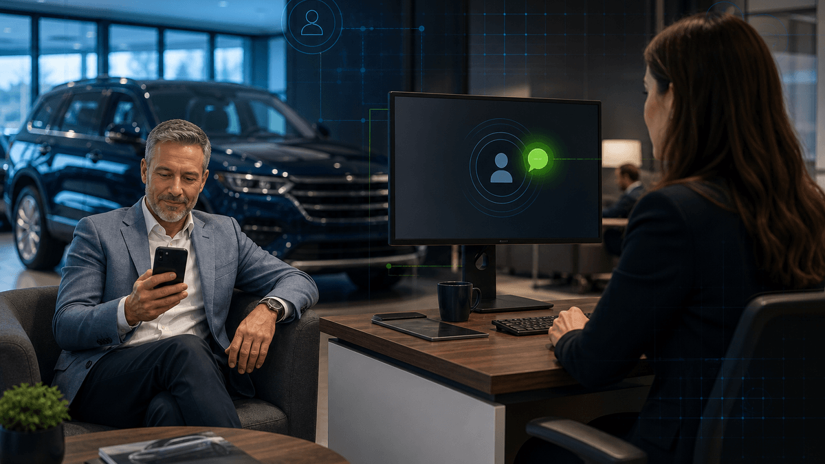 Customer replying to a dealership text on a phone while a response is routed to a human