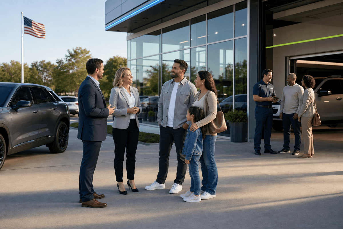 Dealership team and service customers in a quiet Memorial Day weekend scene outside a modern showroom
