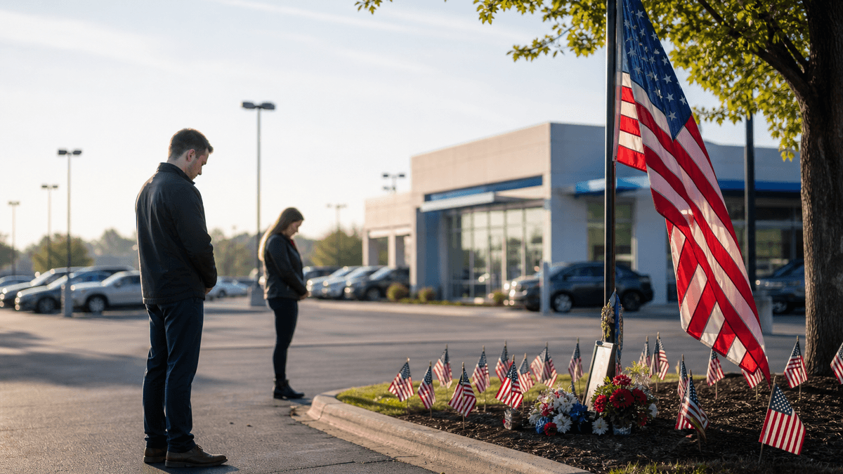 Quiet reflection at a memorial flag display near a dealership