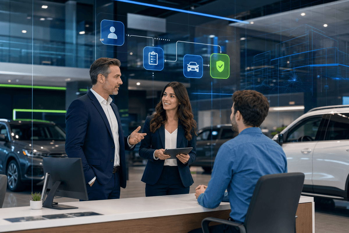 Dealership sales manager and salesperson reviewing customer conversations in a modern showroom with blue and green CRM-style lighting