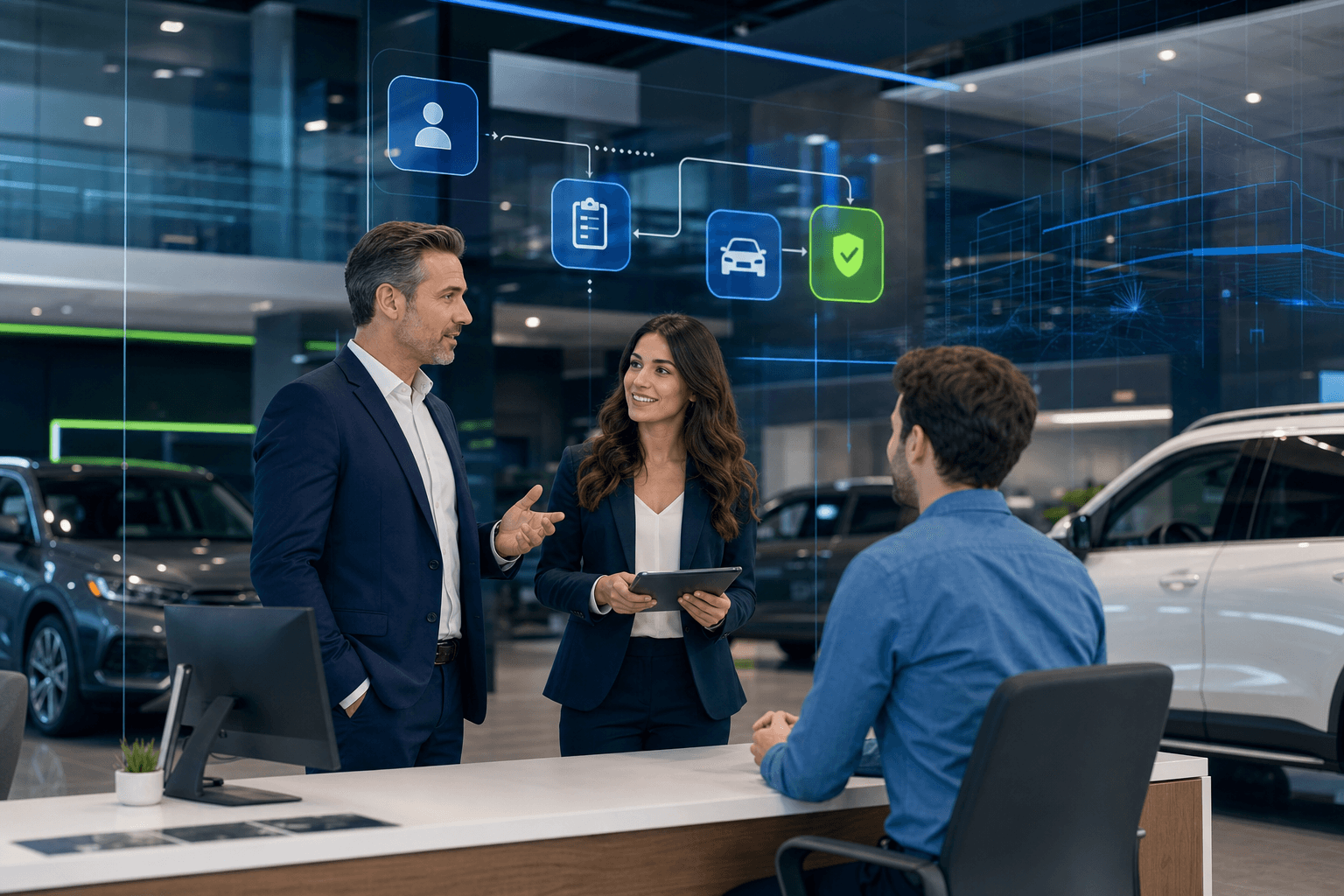 Dealership sales manager and salesperson reviewing customer conversations in a modern showroom with blue and green CRM-style lighting