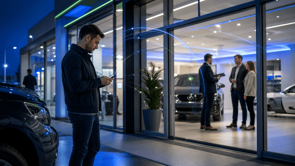 Customer submitting an inquiry on a phone while a dealership team is busy with showroom traffic