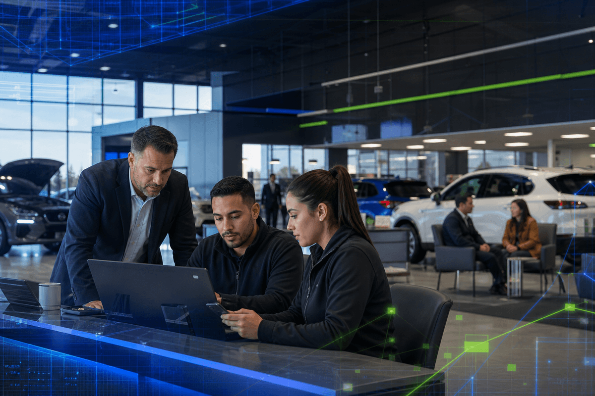 Dealership staff using AI-assisted customer communication at a service desk