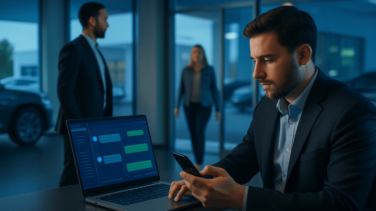 Manager monitoring inbound messages and routing work across a dealership team