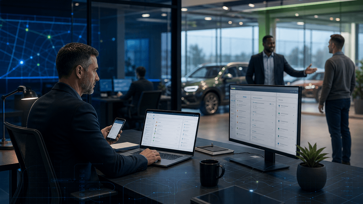 Manager monitoring inbound messages and routing work across a dealership team