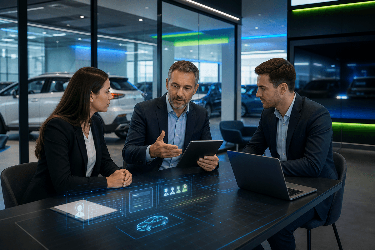 Sales manager and dealership team reviewing long-cycle follow-up activity in a modern showroom office
