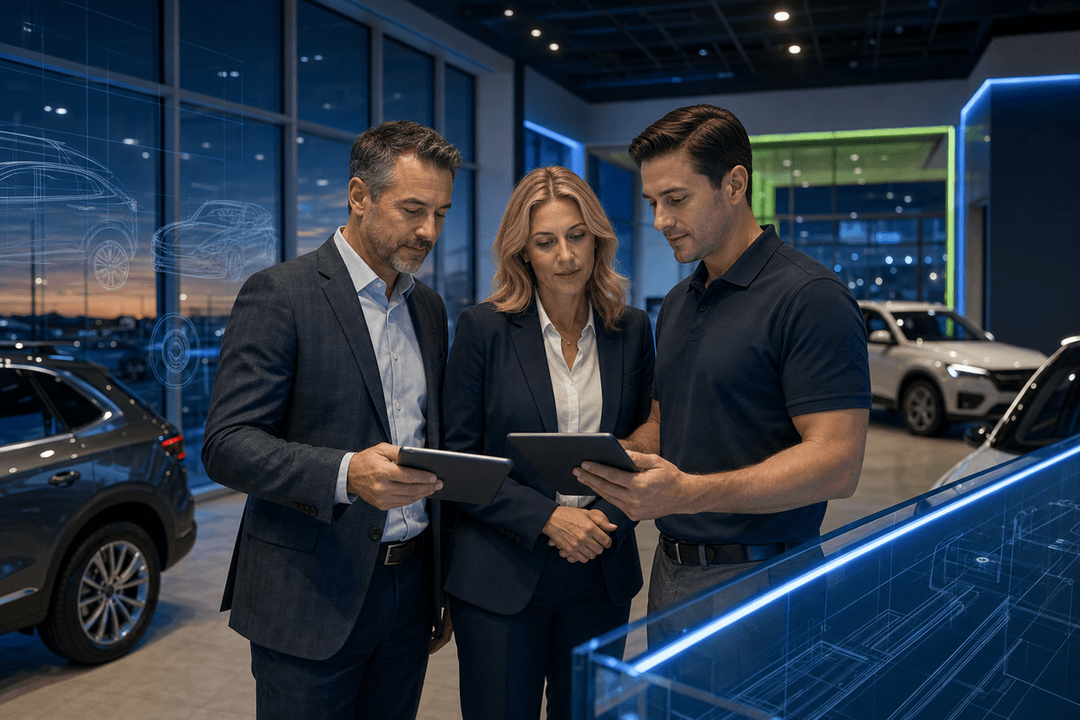 Dealership sales manager reviewing customer conversation continuity with a salesperson in a modern showroom