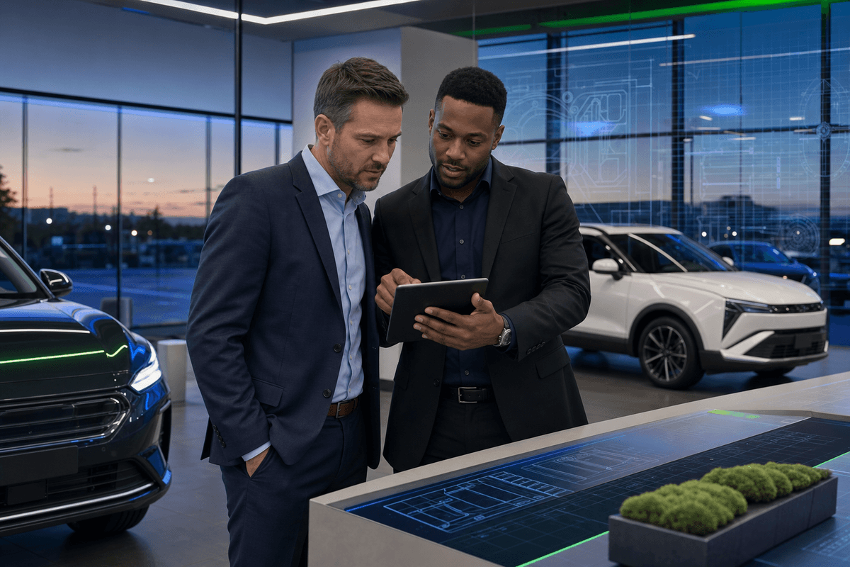 Dealership sales manager reviewing active customer conversations with a salesperson in a modern showroom