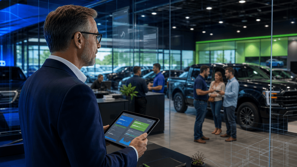 Sales manager looking across showroom activity while checking live customer conversation status