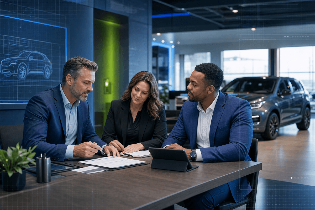 Sales manager and F&I manager reviewing a customer deal handoff beside a showroom desk with blue and green CRM-style lighting.