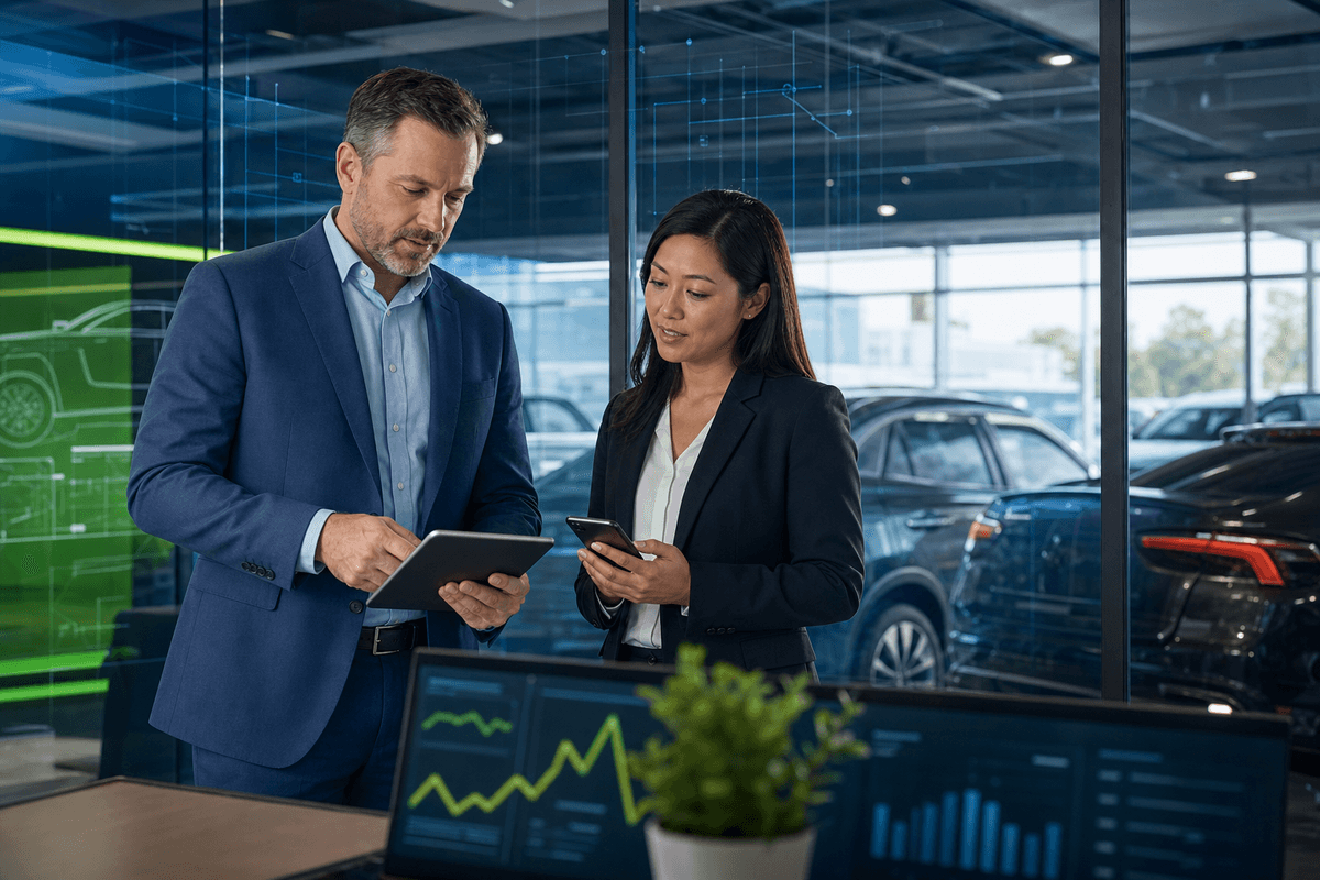 Sales manager and BDC director reviewing dealership communication workflows in a modern showroom office.