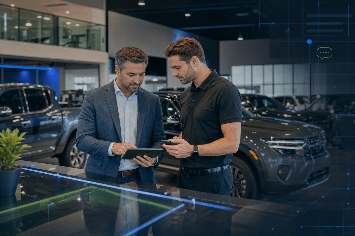 Dealership sales manager reviewing active customer conversations with a salesperson in a modern showroom