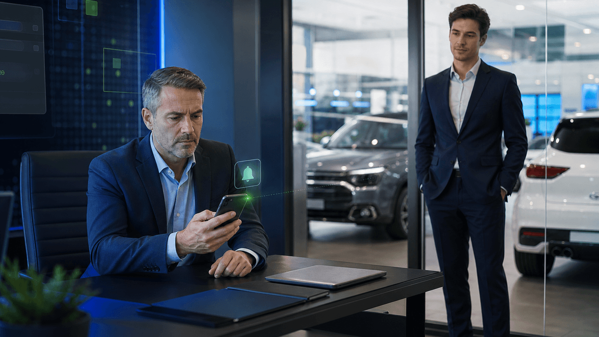 Sales manager checking an inbound customer reply while a salesperson prepares to respond