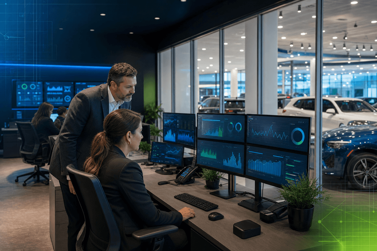 BDC manager reviewing active customer conversations with a salesperson in a modern dealership office