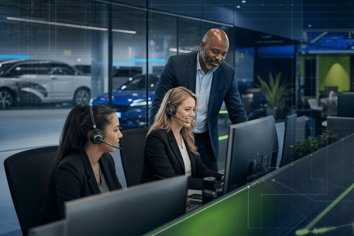 BDC manager reviewing customer conversation status with sales staff in a dealership office