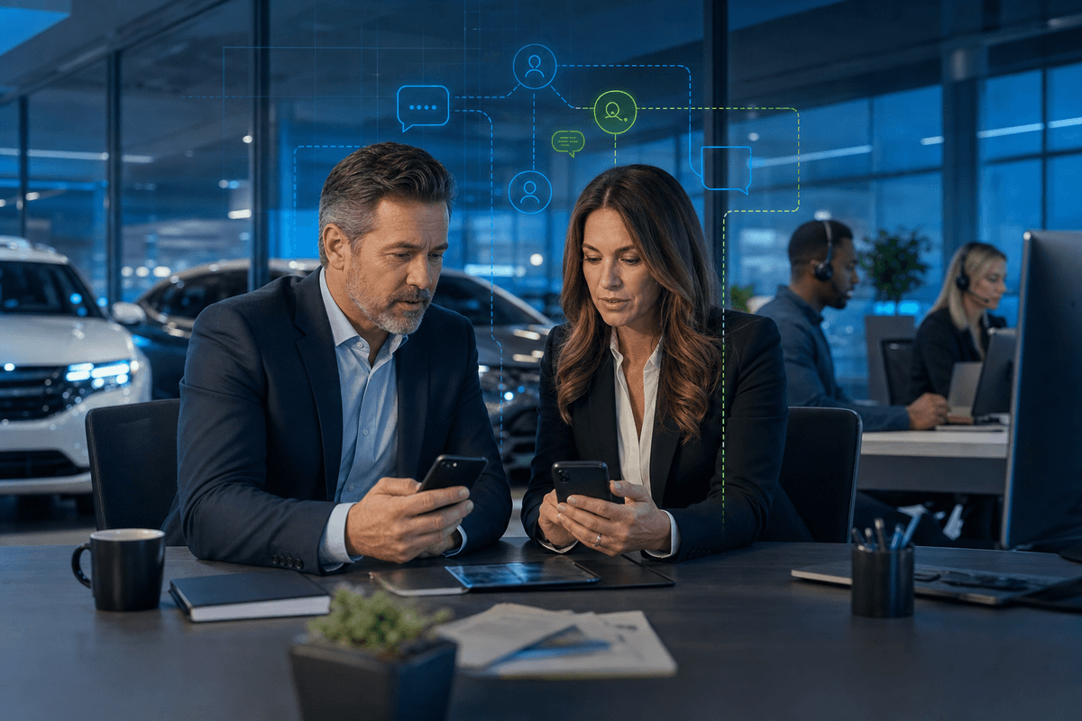 BDC director and dealer principal reviewing customer conversation flow in a modern dealership office
