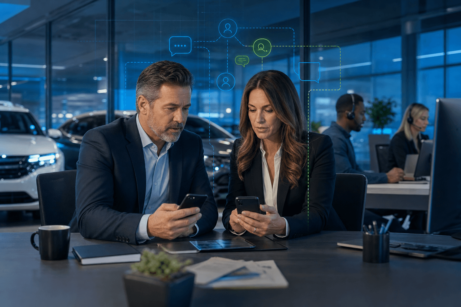 BDC director and dealer principal reviewing customer conversation flow in a modern dealership office
