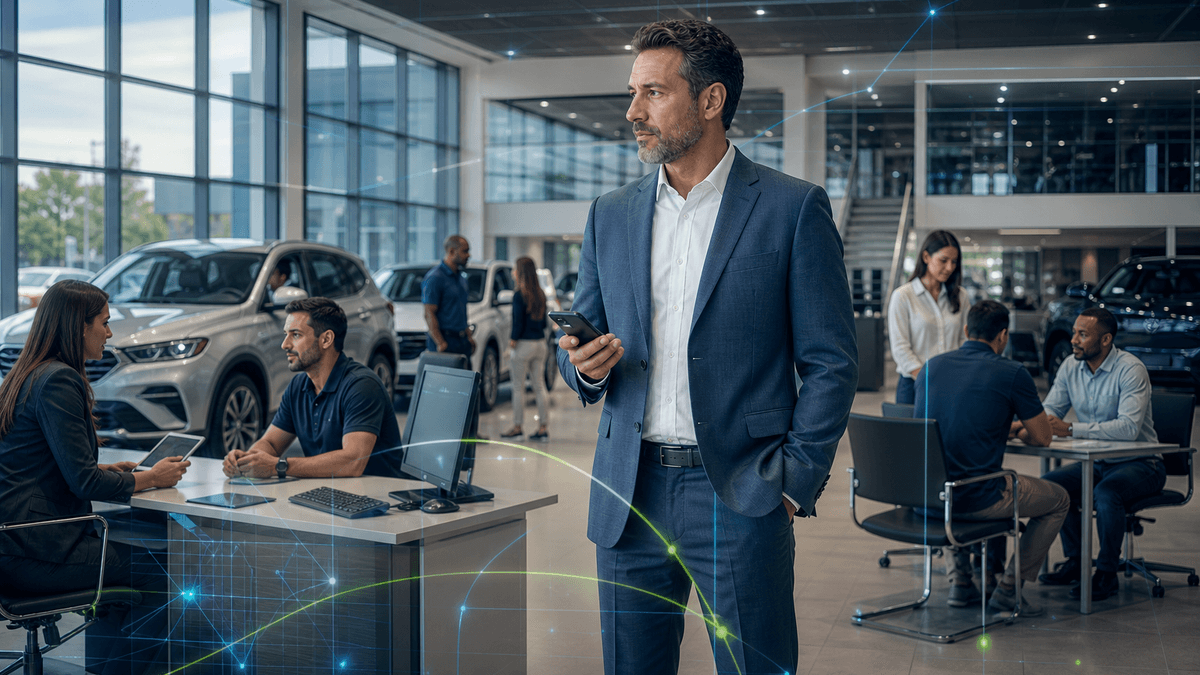 Sales manager checking multiple active customer conversations during a busy dealership morning