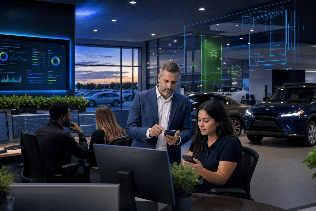 Sales manager and BDC team reviewing active dealership text conversations in a modern showroom office