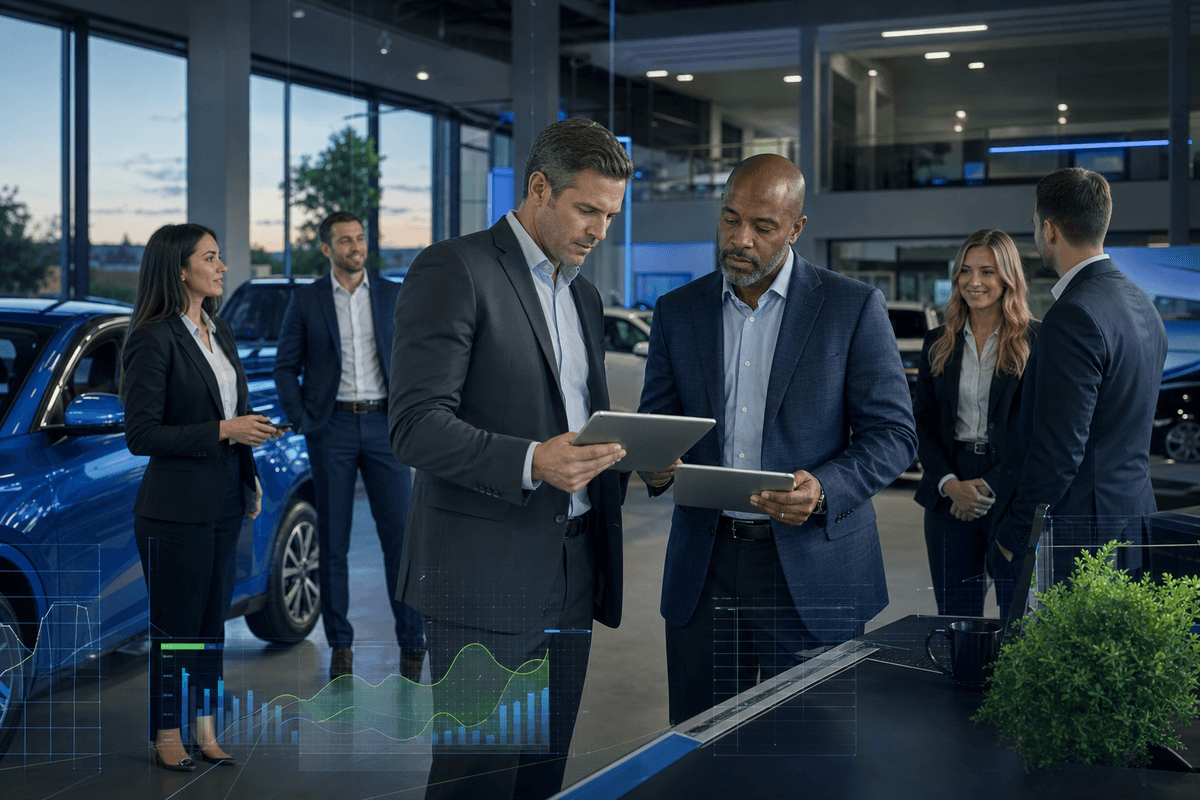 Dealership manager reviewing customer conversation activity with sales staff in a modern showroom