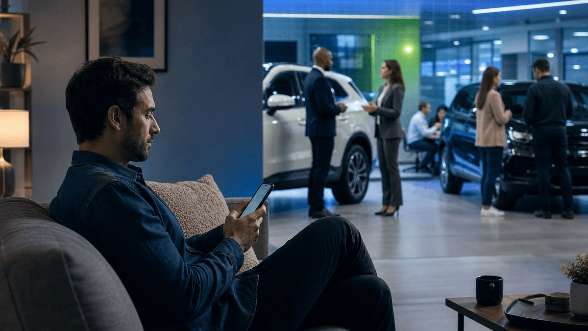 Customer texting a dealership while staff are busy with showroom traffic