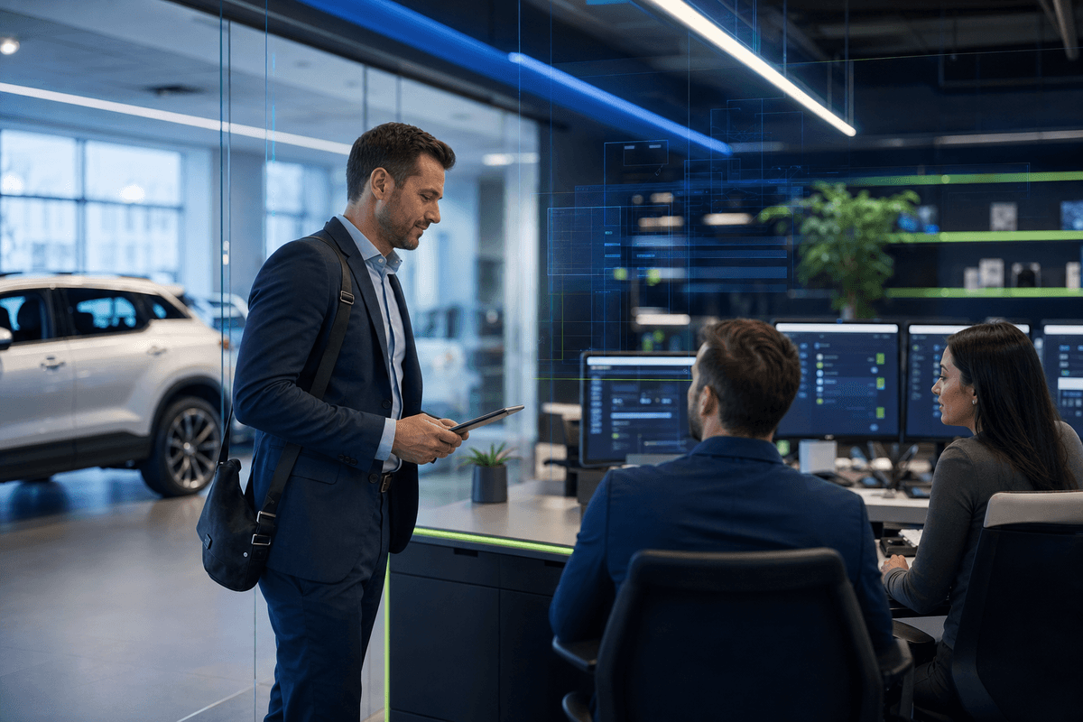 BDC manager reviewing early morning customer reply coverage with sales staff in a dealership office