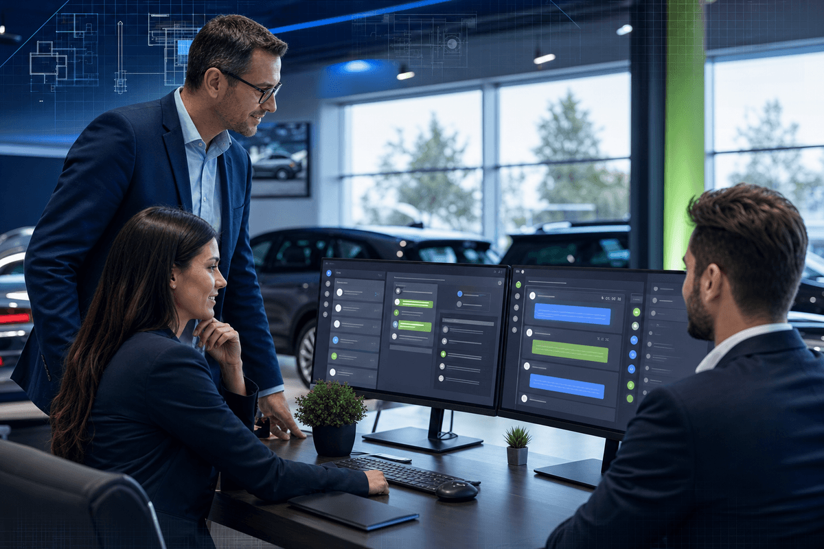 Dealership BDC manager reviewing overnight customer replies with a sales team in a modern showroom office