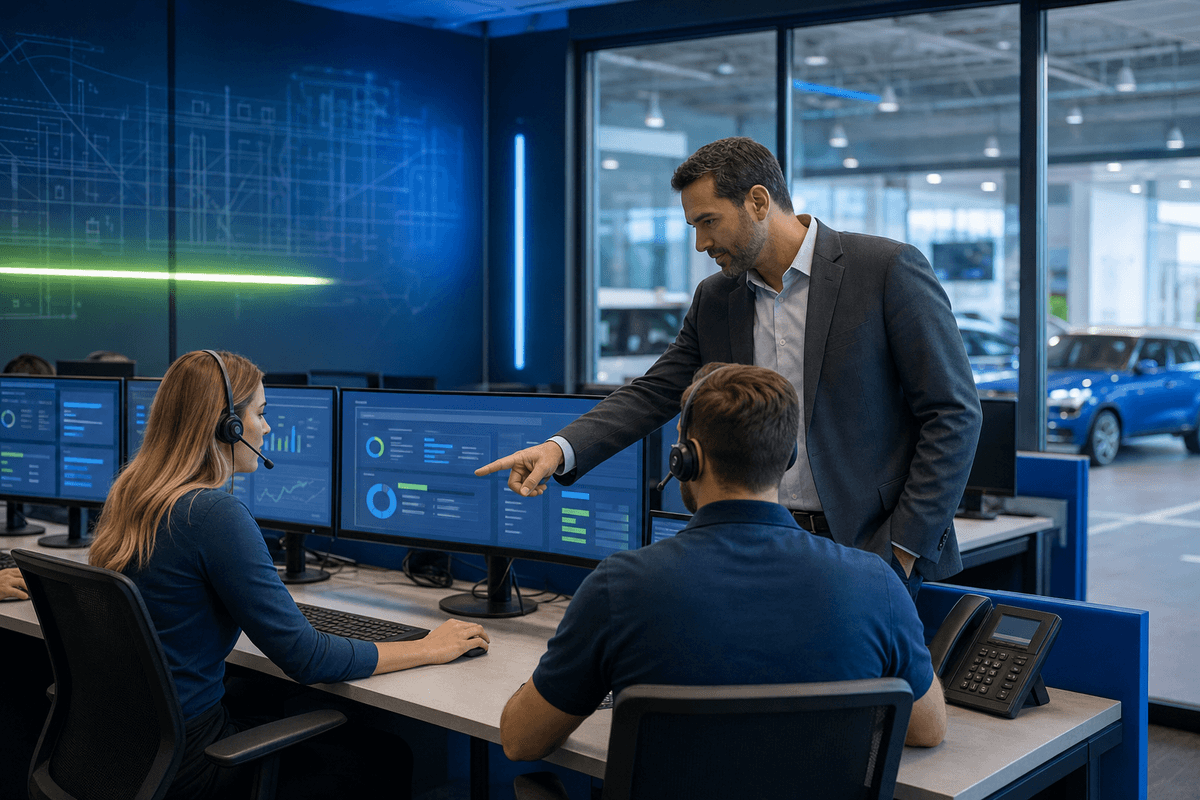 BDC manager reviewing unresolved customer conversations with a sales team in a modern dealership office
